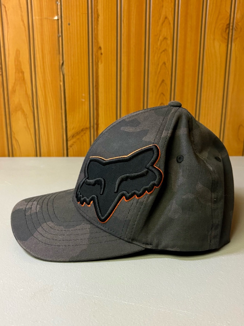 Fox Black Camo Baseball Hat with Orange-Outlined Fox Patch - Picture 2 of 6
